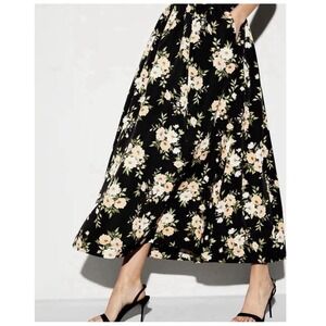 Y2K Floral Pull On MIDI Skirt Sz S Black Neutrals Boho Whimsygoth Woodland Fairy